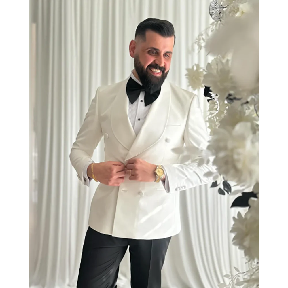 

White Blazer Set Double Breasted Men Suits Custom Wedding Set Terno Masculino Prom Groom Two Pieces Slim Fit Jacket+Pants