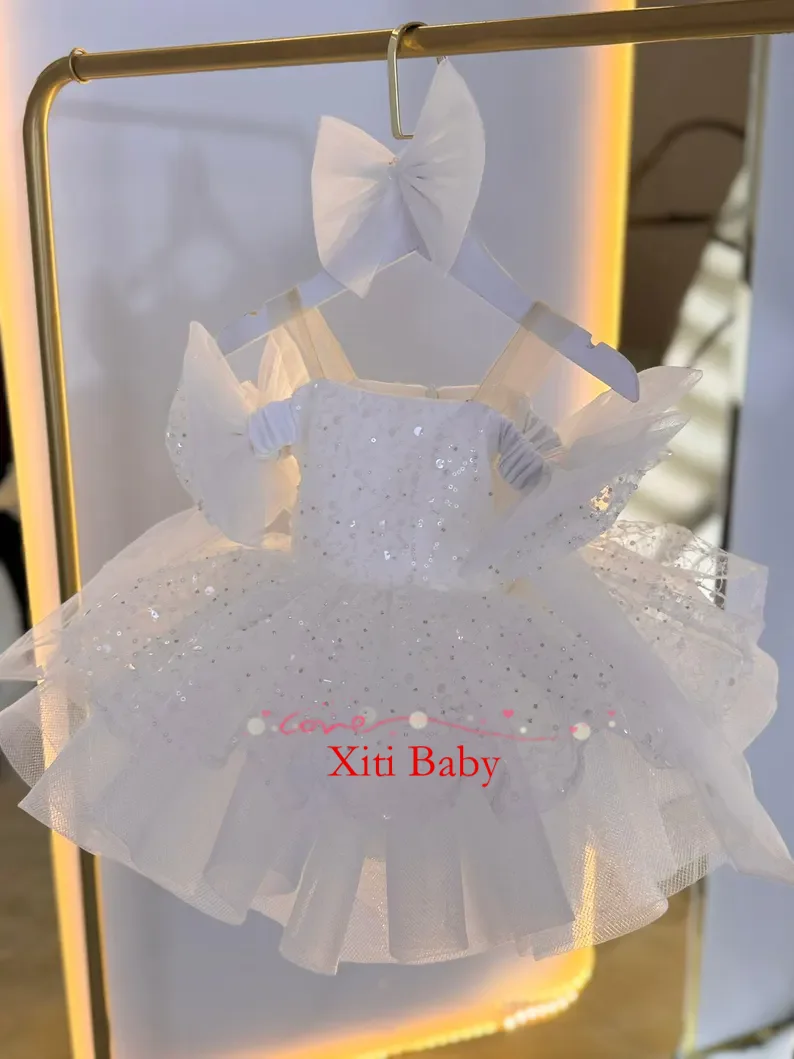 Special Occasion Puffy Sparkling White Flower Girl Dress Cute Baby Girl Tutu Party Gown Short Graduation Kids Prom Dress
