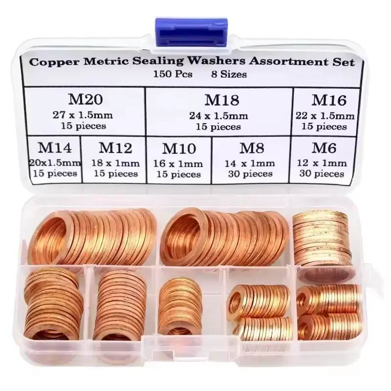 150Pcs M6-M20 Copper Washer Gasket Kit Flat Ring Seal Set with Box for Sump Plug and Bolt Nut Assortment