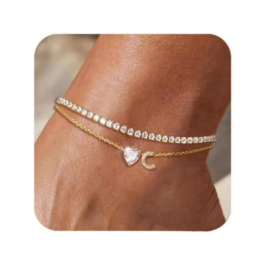 

Waterproof Gold Initial Ankle Bracelet Adjustable Layered Anklet