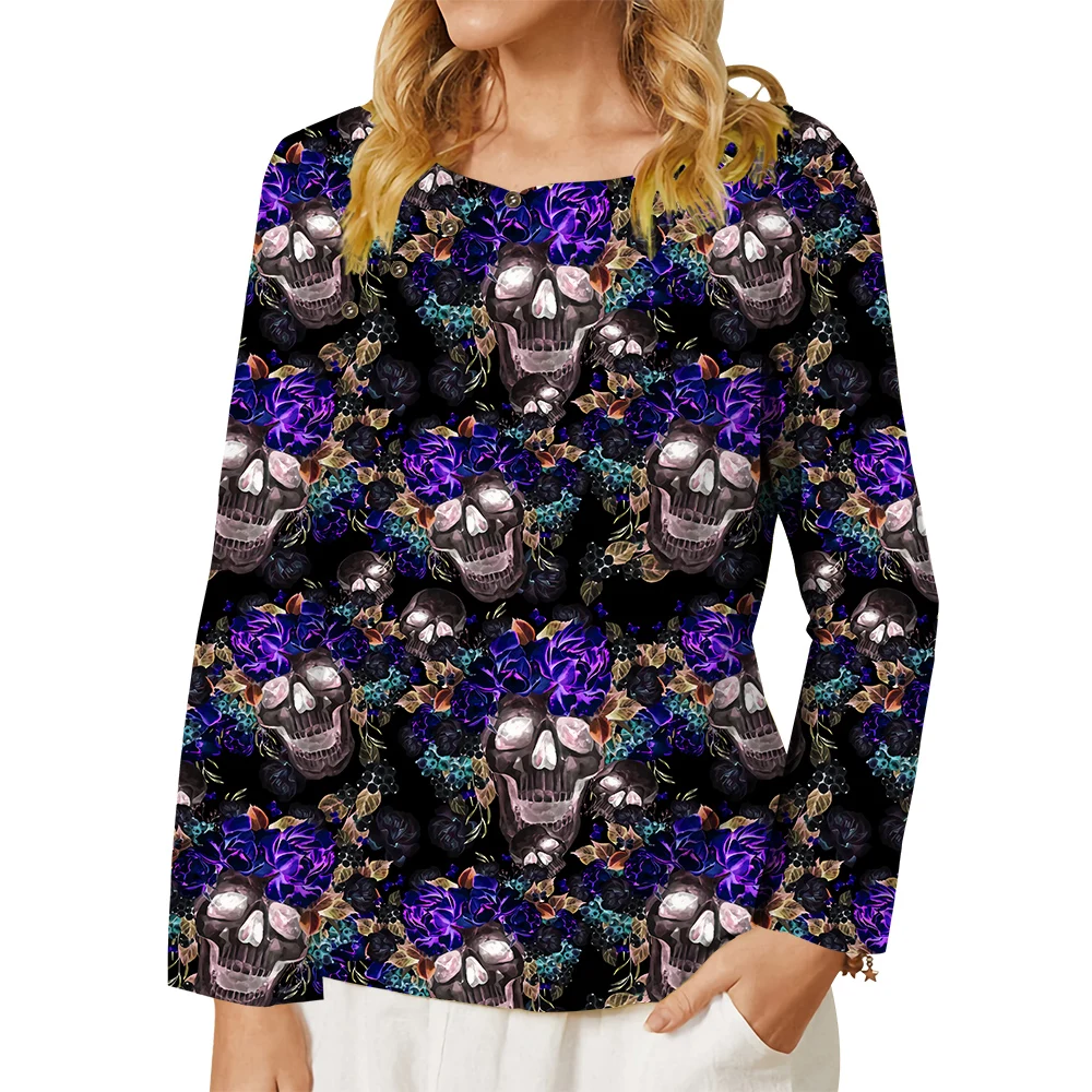 CLOOCL Women T-shirt Hawii Purple Flower Graphics 3D Printed Tee Button Decorate Crew Neck Long Sleeve Casual Tops Female Shirt