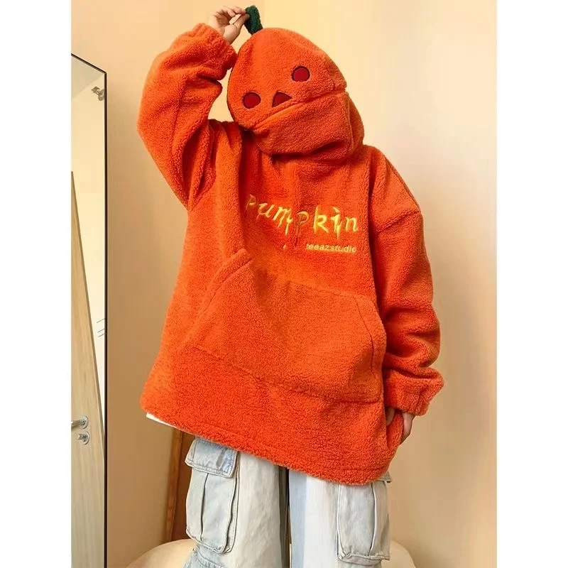 American Retro Pumpkin Head Hoodide For Men Women Winter Lamb Plush Orange Sweatshirt Loose Thickened Warm Couple Halloween Gift