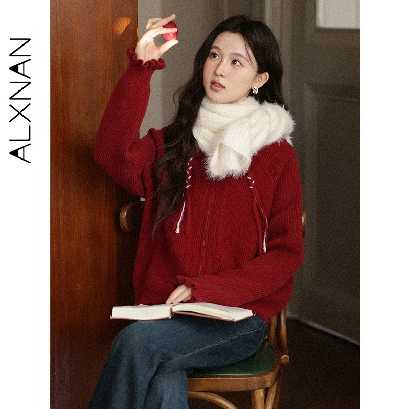 ALXNAN Hooded Knit Cardigan Women Autumn Winter Two-Way Zipper Vintage Sweater Drawstring Loose-fit Versatile Top Female L580101