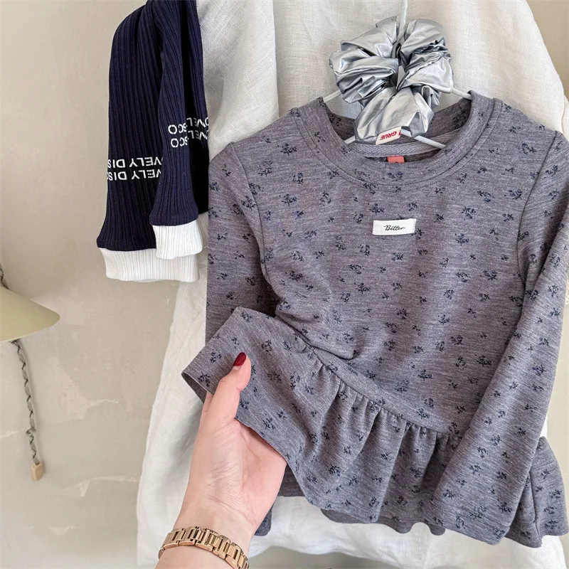 Autumn Girls Allover Blue Floral Tee Beige Grey - Ribbed Crew Neck Flounce Hem Soft Cotton Blend Basic Layering Top