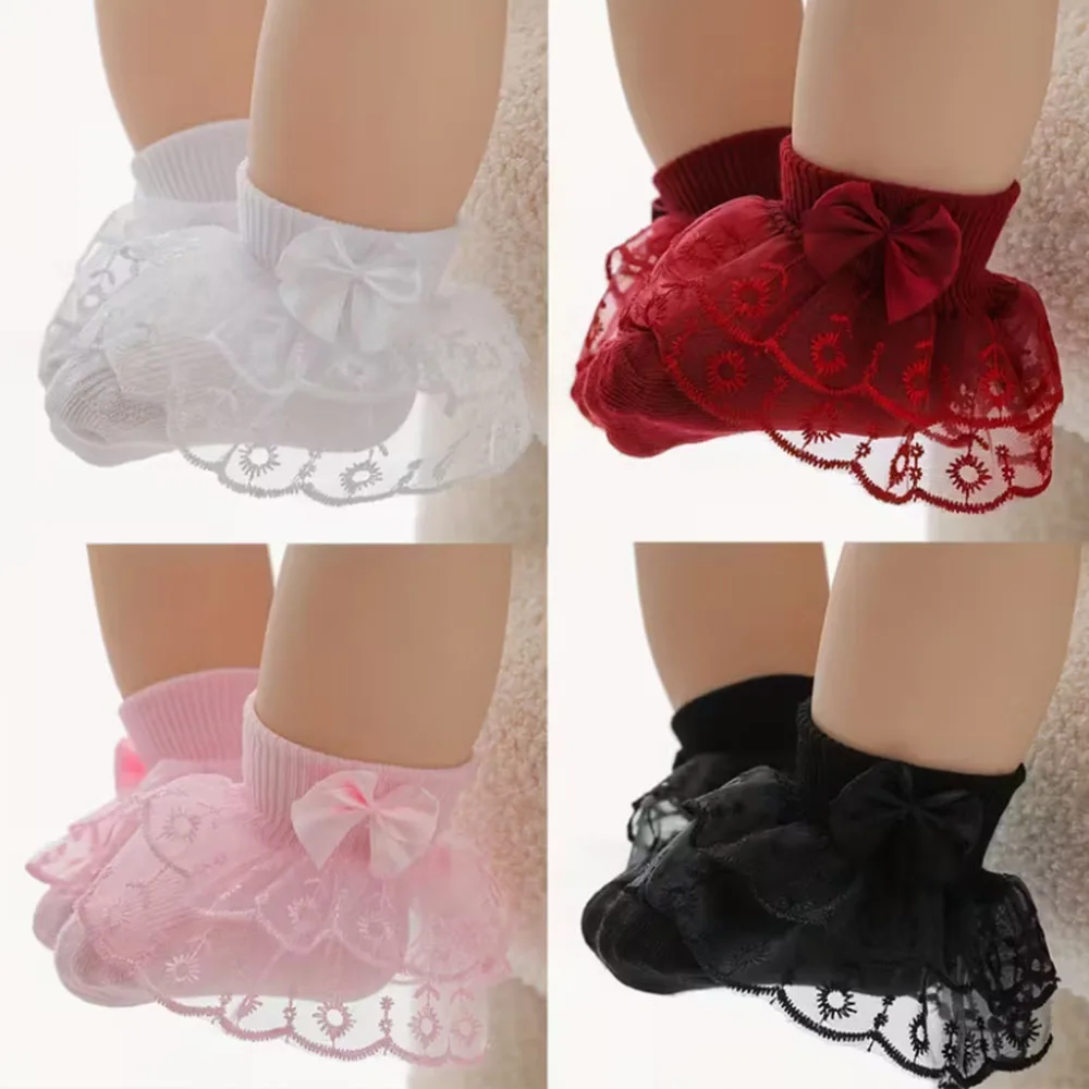 0-2Y Girls' Knitted Lace Short Socks with Ruffled Edges & Bow Decoration - Soft Breathable Baby Girl Socks Birthday Party