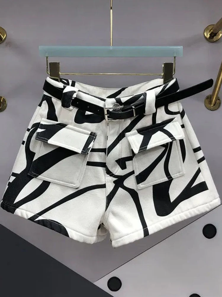 Irregular Print High Waist Slim Fit A-Line Wide Leg Jeans Shorts Women's Summer Versatile Washed Cotton Denim Hot Pants 2025
