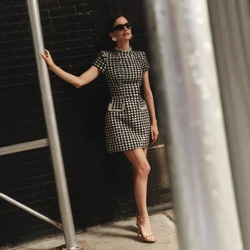 

Dress Women's Elegant Fitted Slimming Round Neck Beaded Checkered New Comfortable Casual Fashionable Versatile Designer Premium