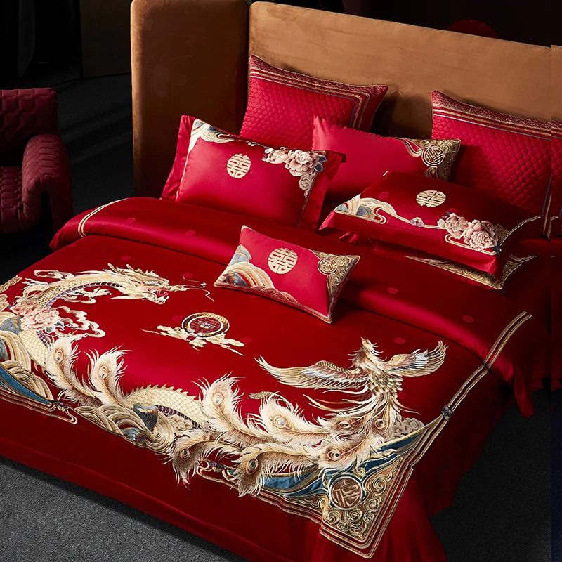 Chinese Wedding Style Red Exquisite Golden Dragon Phoenix Embroidery Bedding Set Duvet Cover Linen Fitted Sheet Pillowcases