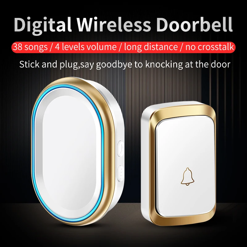 

CACAZI Wireless Waterproof Doorbell 300M Remote 38 Chimes LED Light Cordless Home Cordless Outdoor Call Bell US EU UK AU Plug