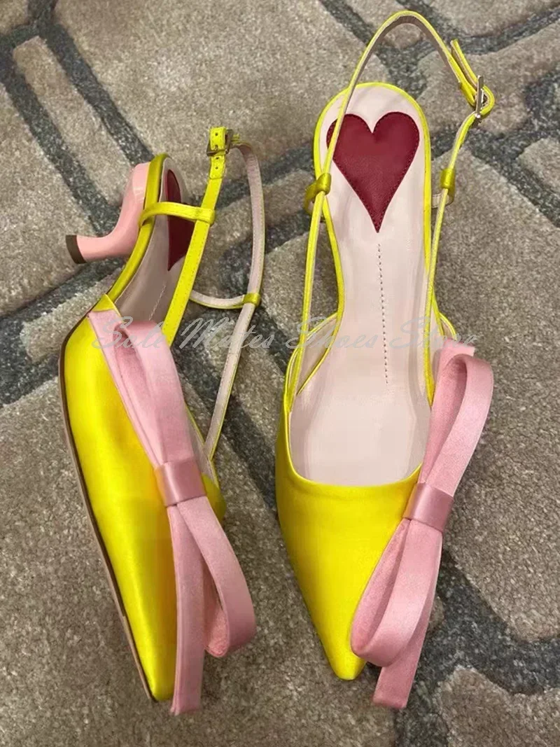 الحلو مشرق الأصفر أشار تو الصنادل كعب منخفض الساتان الوردي القوس الديكور فستان أحذية الكاحل مشبك أحذية الزفاف النسائية #6