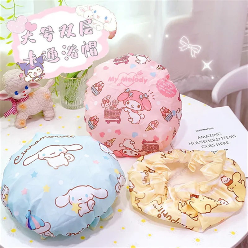 Sanrio Kawaii HelloKitty Cinnamoroll Double Layer Cartoon Melody Shower Bath Cap Waterproof Dust-proof  Cap  Anime Accessories