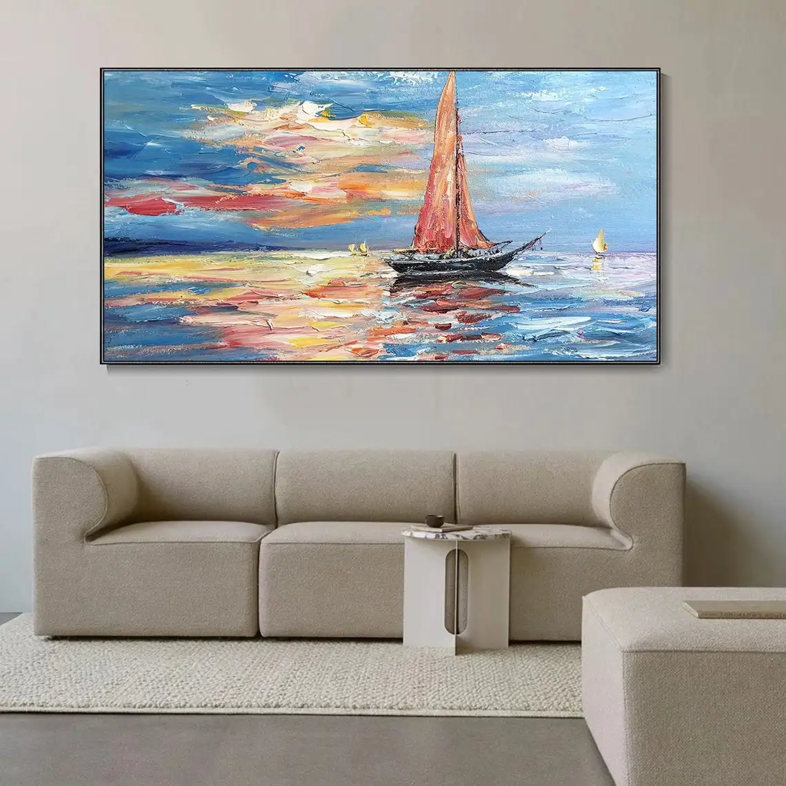 Large Texture Painting Abstract Ocean Landscape Oil Painting Wabi-Sabi Art Custom Canvas Bright Living Room Wall Decor Bedroom