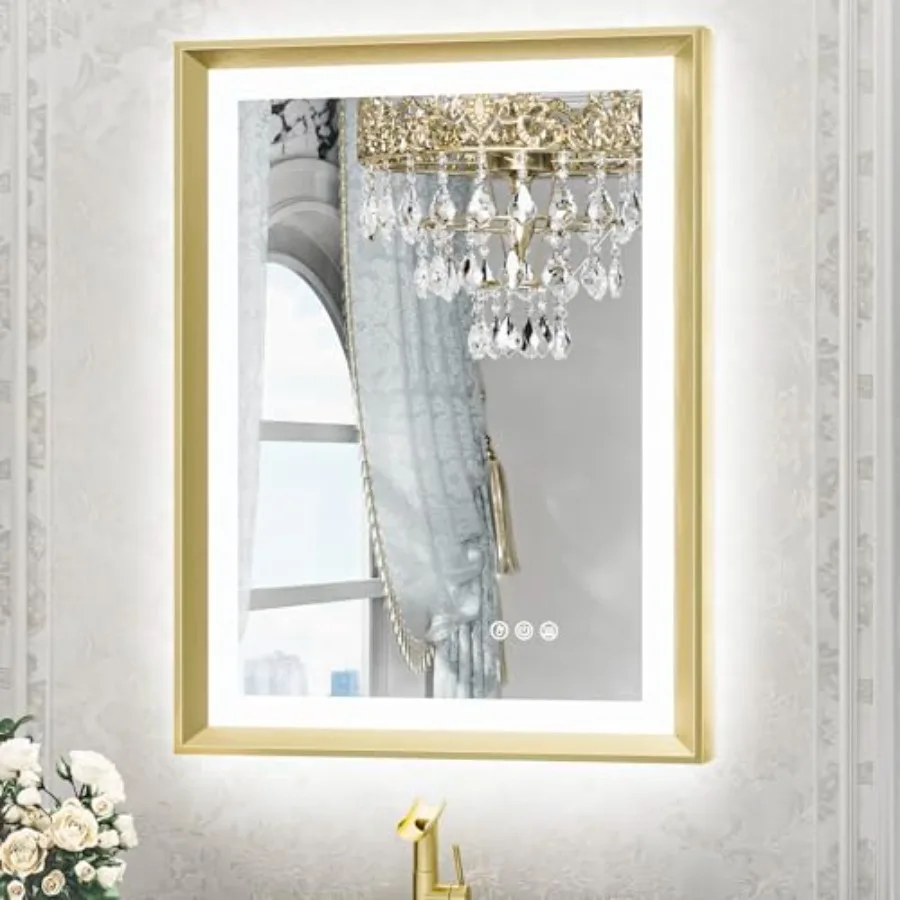 

Gold LED Mirror for Bathroom 20x28 Metal Frame Frontlit and Backlit Lighted Vanity Mirror Baroque Anti Fog Stepless Dimmable Wh