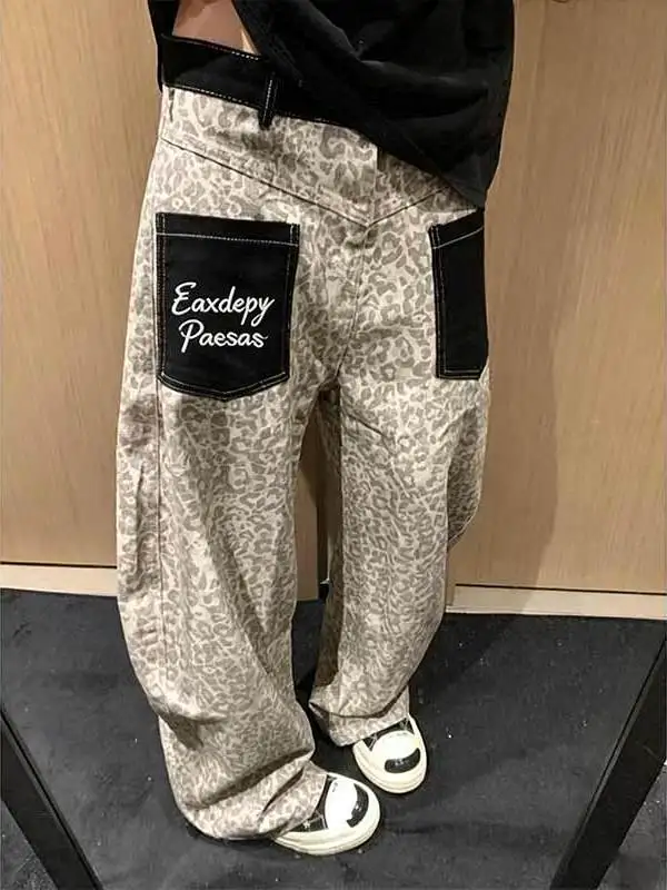 American Style Retro Leopard Print Patchwork Denim Pants Women's Loose Straight Leg Wide Leg Pants Knife  Pants