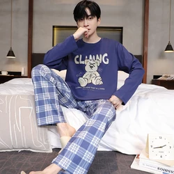 Blue Teddy Bear Men Pajamas Set Autumn Winter Long Sleeves Long Pants Cute Pijamas Casual Sleepwear Soft Pyjamas Cozy Pjs Boy Pj