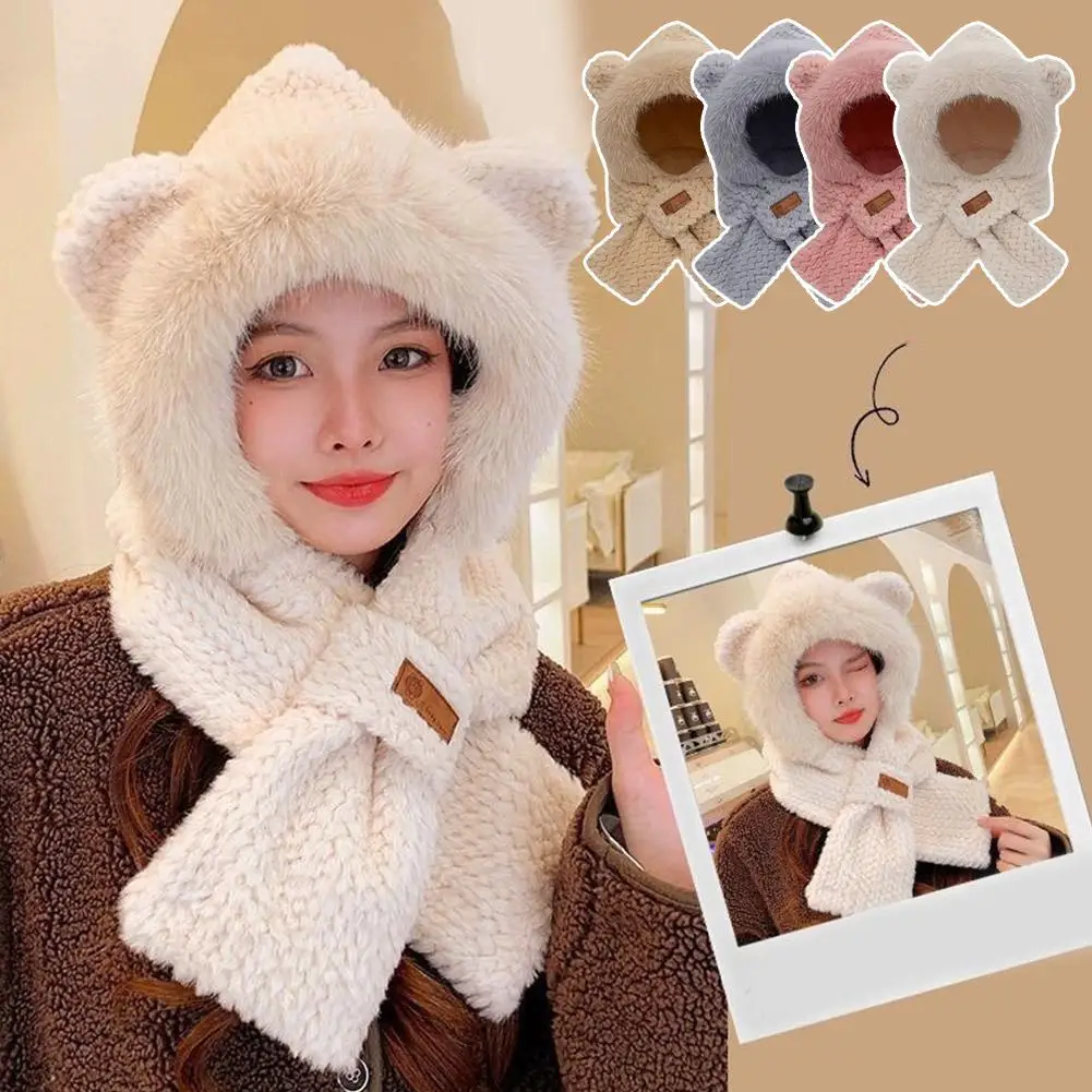 Winter Cute Ears 2 In 1 Hat And Ear Scarf Hat Beanie Hats Scarf Combo Hood Combines A Hat For Women Plush Lining Caps Keep V2n6