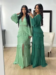 SKMY 2026 Autumn And Winter Elegant Evening Party Dresses Patchwork Long Sleeve V-Neck Women Clothing Long Dresses Solid Color