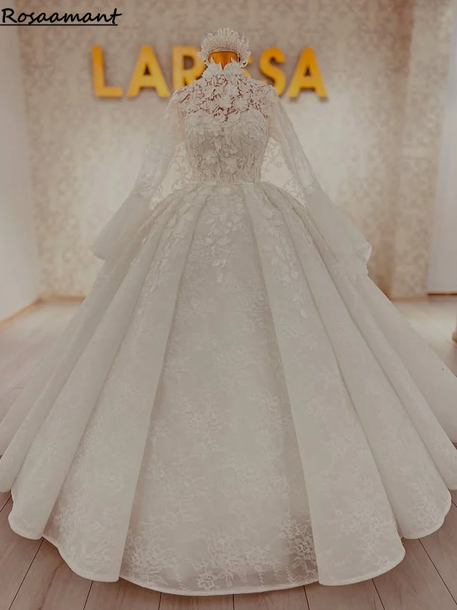 

Luxury Ivory Wedding Dresses Arabic 3D Floral Illusion Long Sleeves O- neck Button Back Royal Bridal Gowns Vestidos De Novia