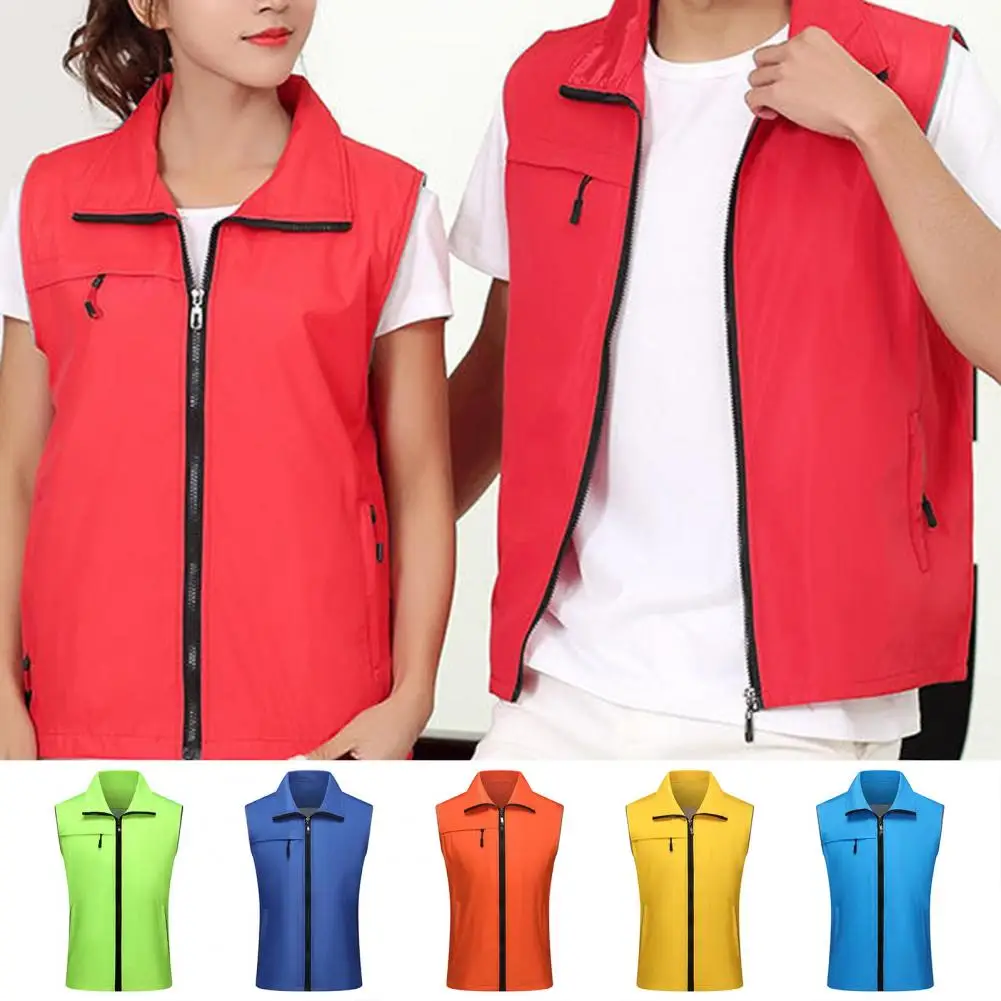 Men Vest Casual Sleeveless Lapel Zipper Closure Volunteer Community Work Coat Waistcoat Women Work Clothes Uniforms Outwear