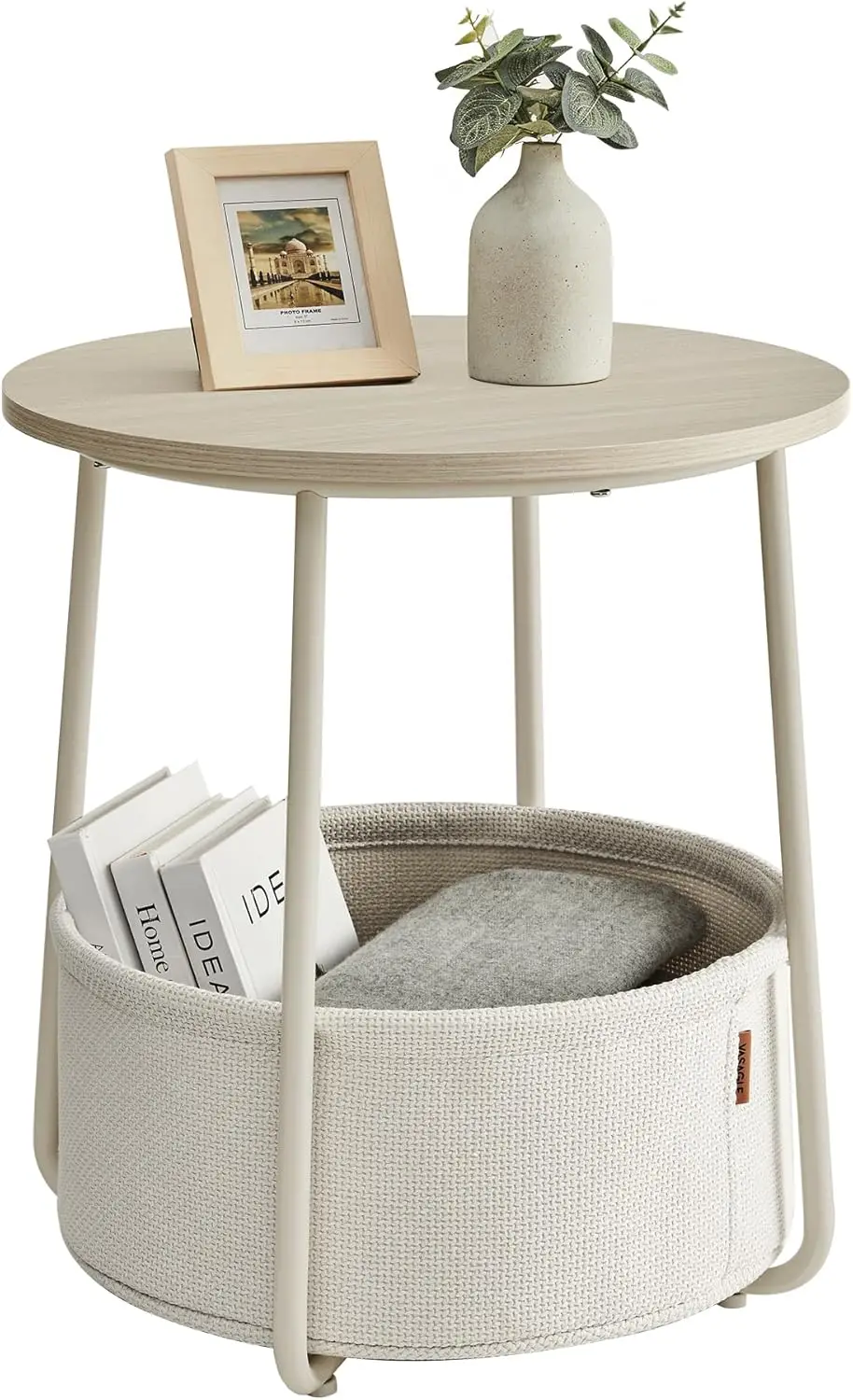 

LILEA Collection - Small Round Side End Table, Modern Nightstand with Fabric Basket, Cream White ULET223K67