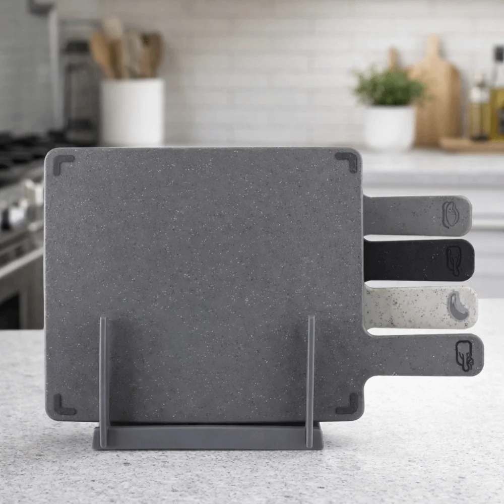 4 Pieces Plastic Chopping Board Set with Storage Rack Non-slip Chopping Block Extended Handle Crack-resistant Slicing Board