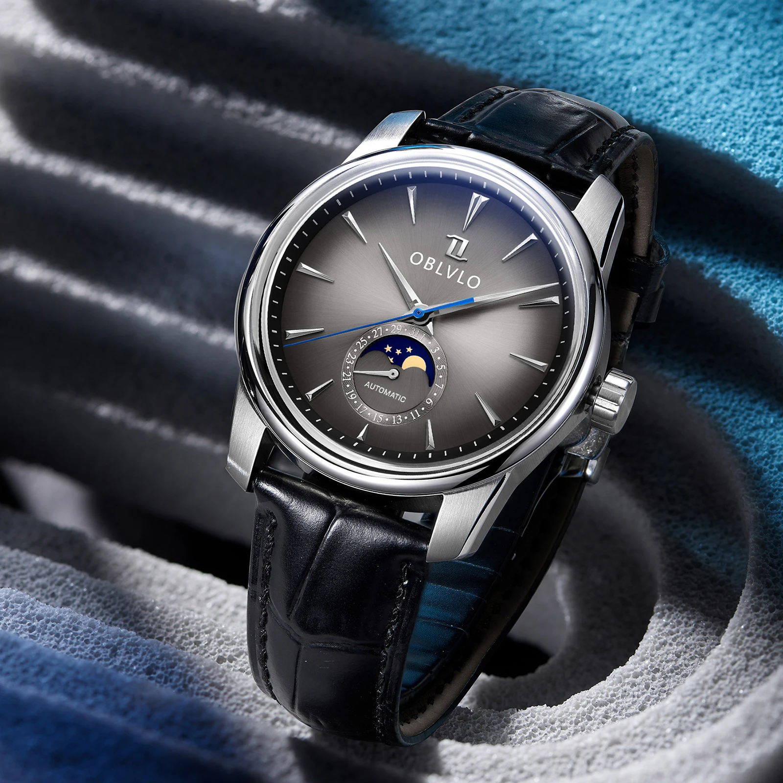 

Роскошные наручные часы OBLVLO Moonphase из нержавеющей стали 316L, автоматические водонепроницаемые мужские часы с кожаным ремешком