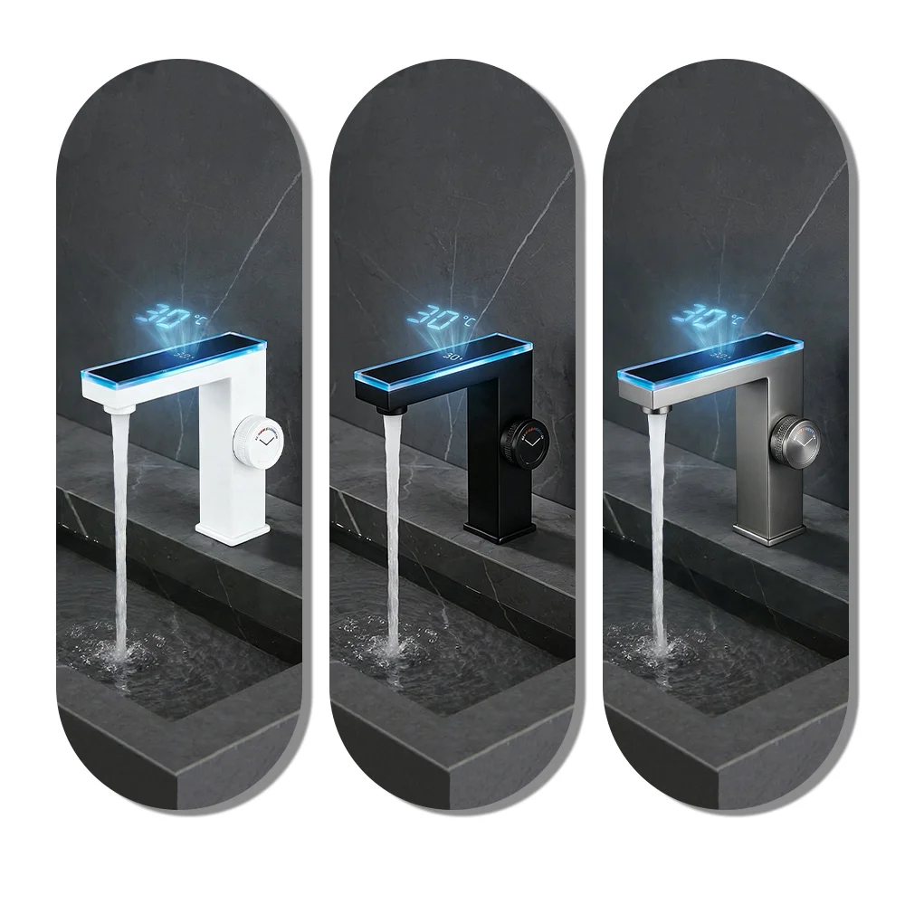 

Black White Gray Bathroom Sink Faucet Luxury Digital Display Washbasin Tap Deck Mounted Hot Cold Water Mixer Vessel Basin Faucet