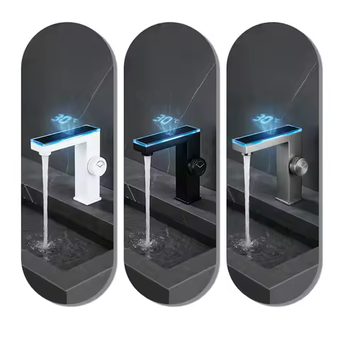 Black White Gray Bathroom Sink Faucet Luxury Digital Display Washbasin Tap Deck Mounted Hot Cold Water Mixer Vessel Basin Faucet