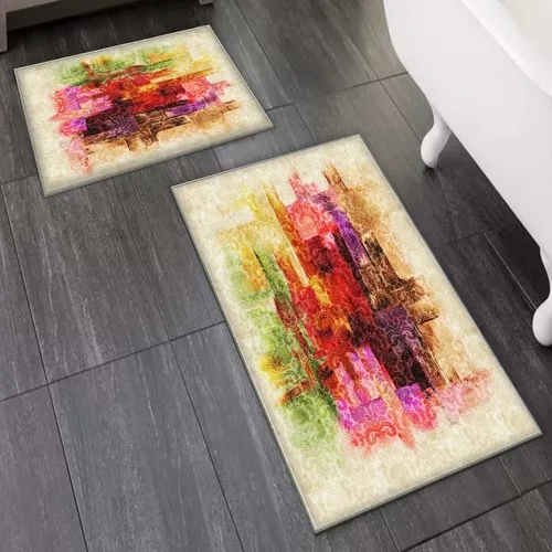 Else Carpet Else Green Yellow Orange Red Purple Watercolor 2'li Toilet Seat Pad Bath Mat Set Mat