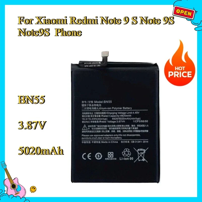 Nova bateria de substituição bn55 5020mah para xiaomi redmi note 9 s note 9s note9s telefone