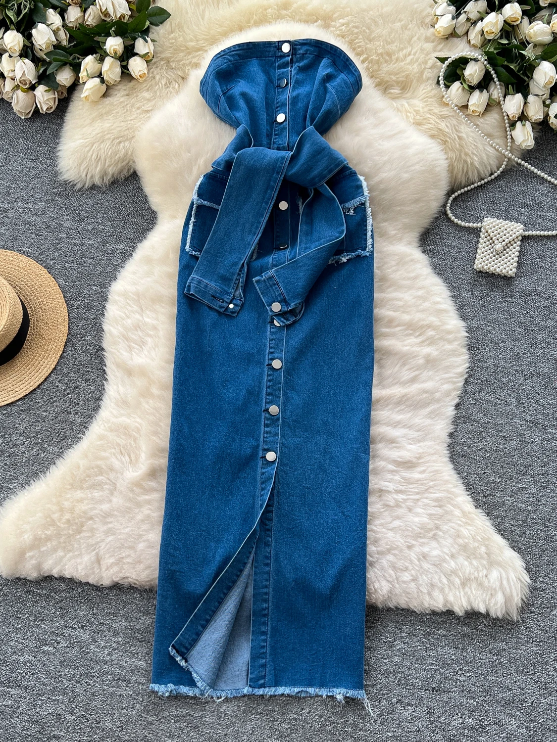 

Women's Party Denim Long Dresses New Slit Ripped Design Slimfit Dress Fashion Sleeveless Backless Anklelength Skirt
