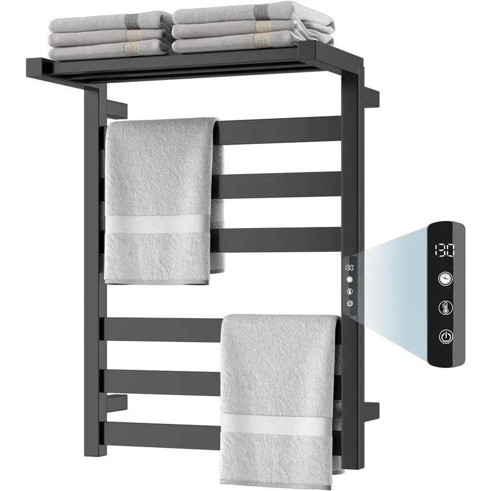 

6-Bar Stainless Steel Wall-Mounted Electric Towel Warmer with Built-in Timer, Hardwired & Plug-in, Glossy Black Finish