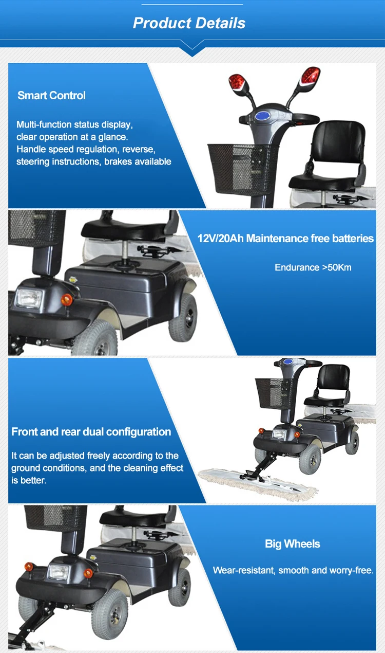 CT4900 Electric Mop Sweeper Car Ride On Cleaning Machine Propelled Four Wheels Dust Cart