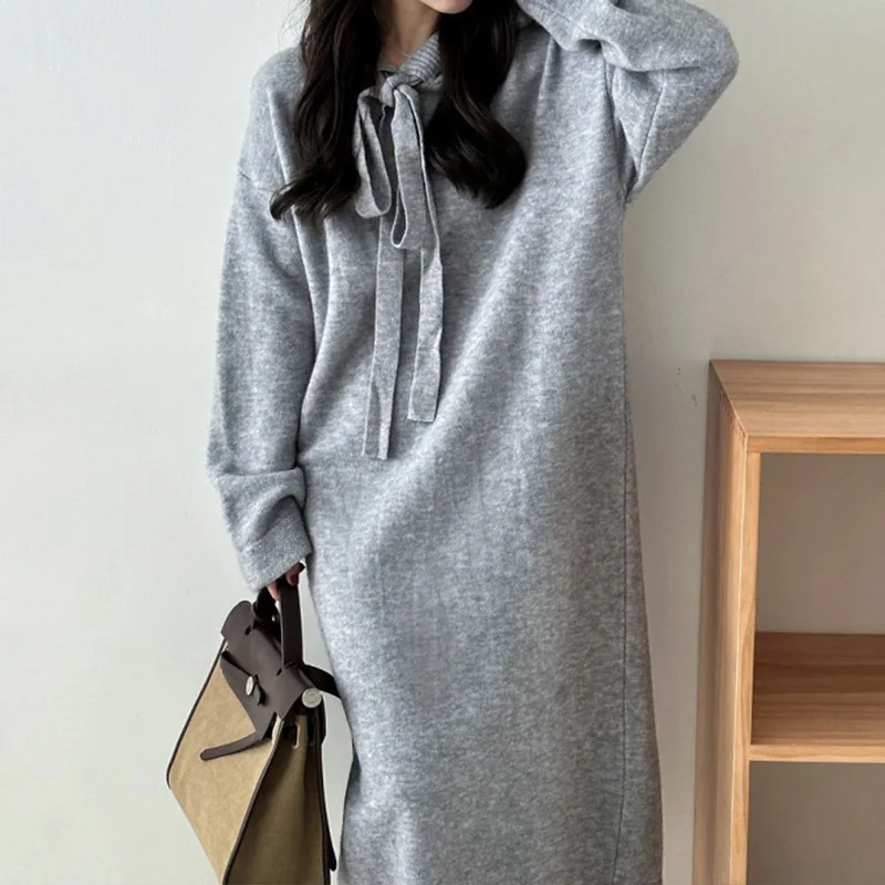 Women Loose Long Dress Hooded Knit Casual Full Sleeve Thick Dresses Sweaters Elegant Lady Vestidos Solid Autumn Winter