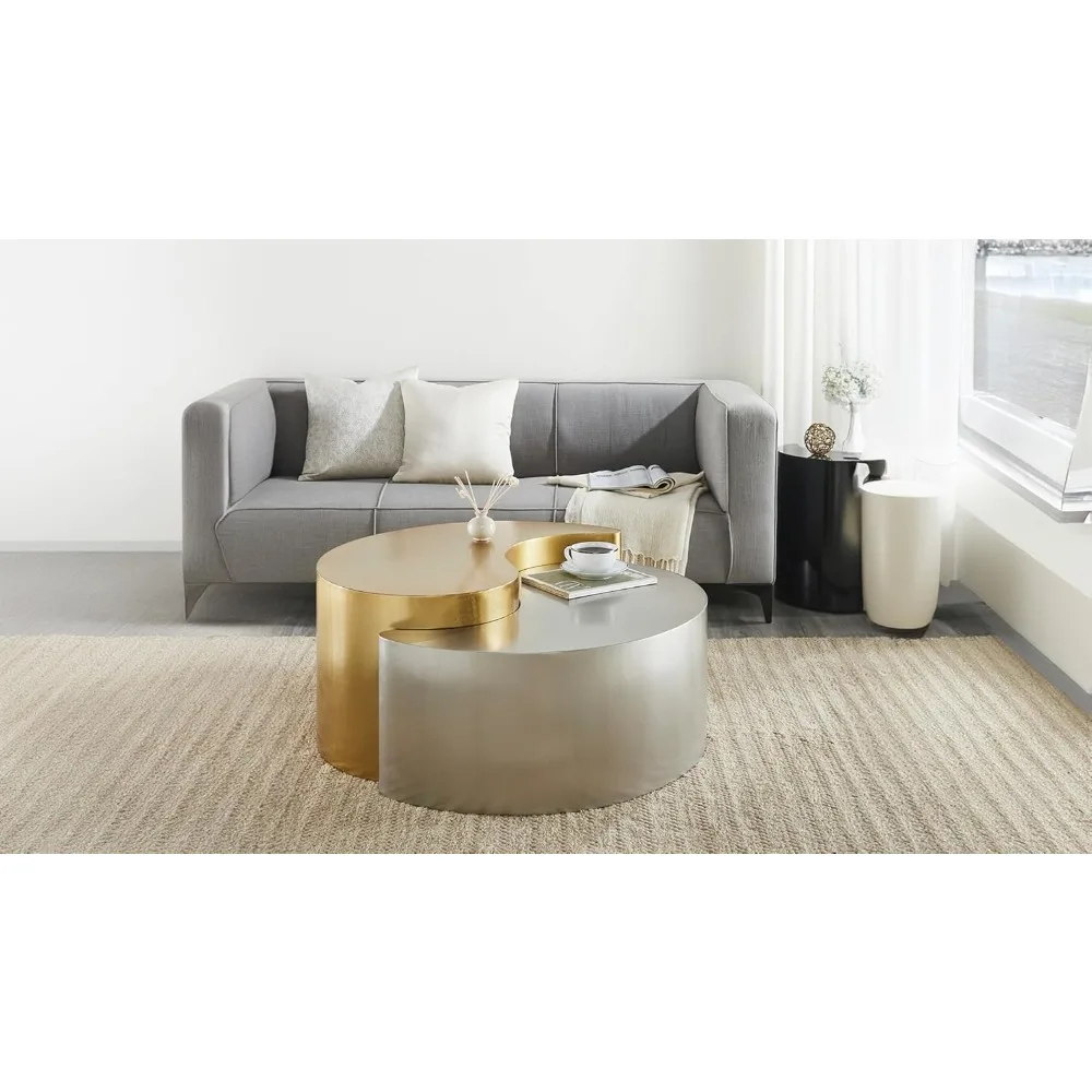 طقم طاولة قهوة Ying-Yang الفاخرة الحديثة والمعاصرة مقاس 36 بوصة، تصميم منحوت مع إطار من الألومنيوم لغرفة المعيشة والمدخل والمكتب