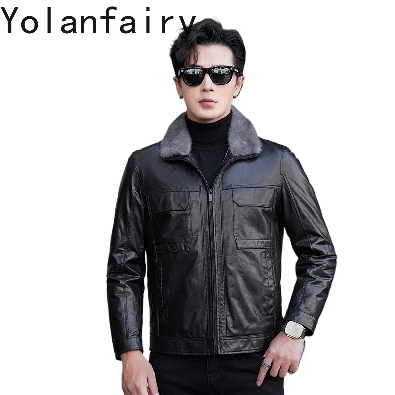 

YOLANFAIRY Genuine Leather Sheepskin Winter Mink Fur Collar Jackets Graphene Goose Down Jacket Black Coats Fashion Deri Ceket