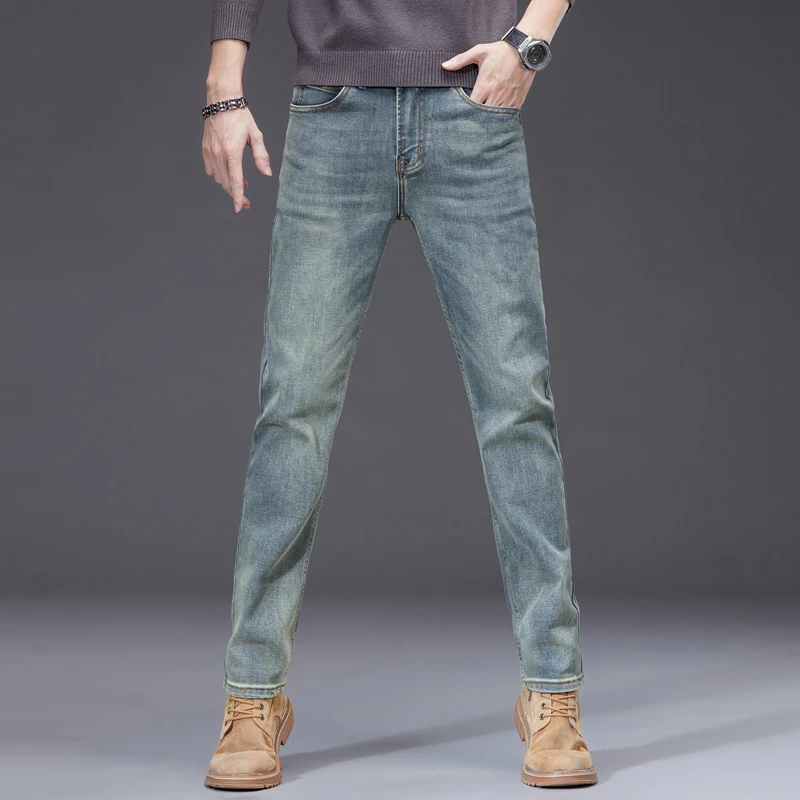 

Ностальгические эластичные мужские облегающие универсальные прямые джинсы в стиле ретро, Мужская одежда, джинсовые брюки, уличная одежда, джинсы для мужчин