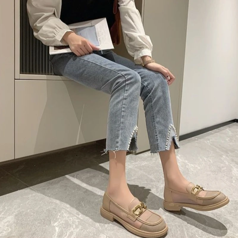 

School Style Women's Loafer Shoes 2026 Summer New Thick Sole Round Toe Chunky Heel Mesh Hollow-Out Breathable Leather