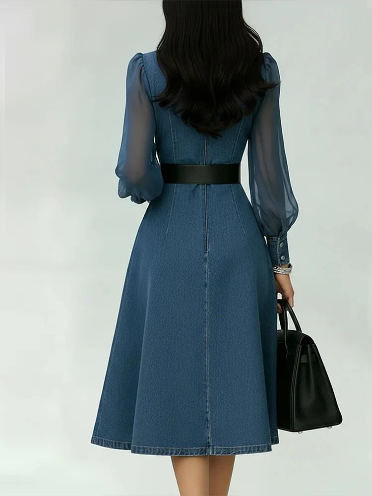 Streetwear Denim A-Line Dress Summer Women Tulle Puff Long Sleeve See Through V Neck Maxi Dresses Vintage Jean Dress With Belt - Image 2