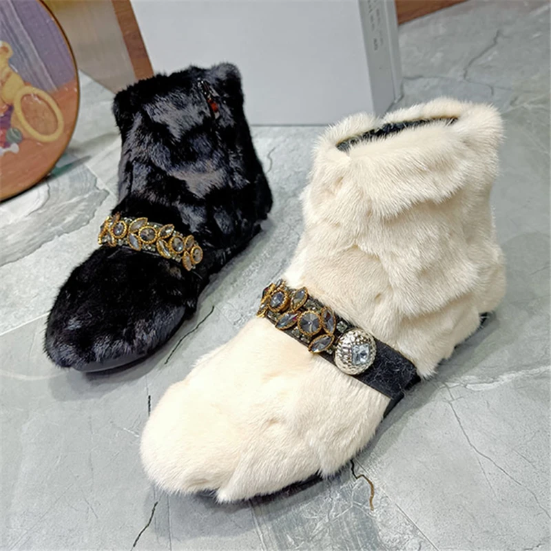 Black Women Furry Ankle Boots 2024 New Winter Warm Botas Femininas Mink Fur Snow Boot Flat Shoes Platform Creepers