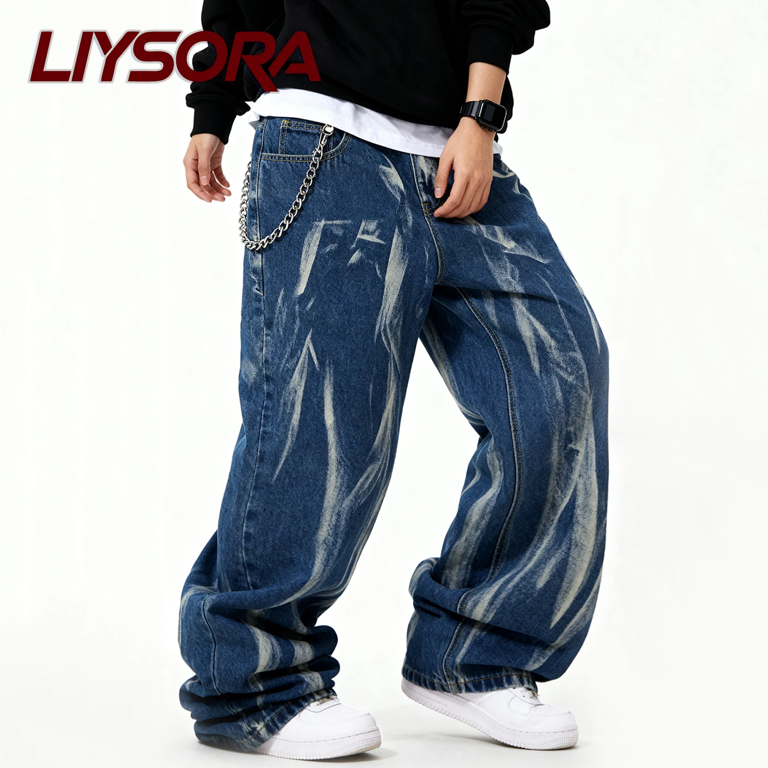 أربعة مواسم الرجال فضفاض مستقيم واسعة الساق الجينز تصميم شخصي التعادل صبغ الدنيم السراويل فضفاض للجنسين اليومية جينز غير رسمي الملابس #4