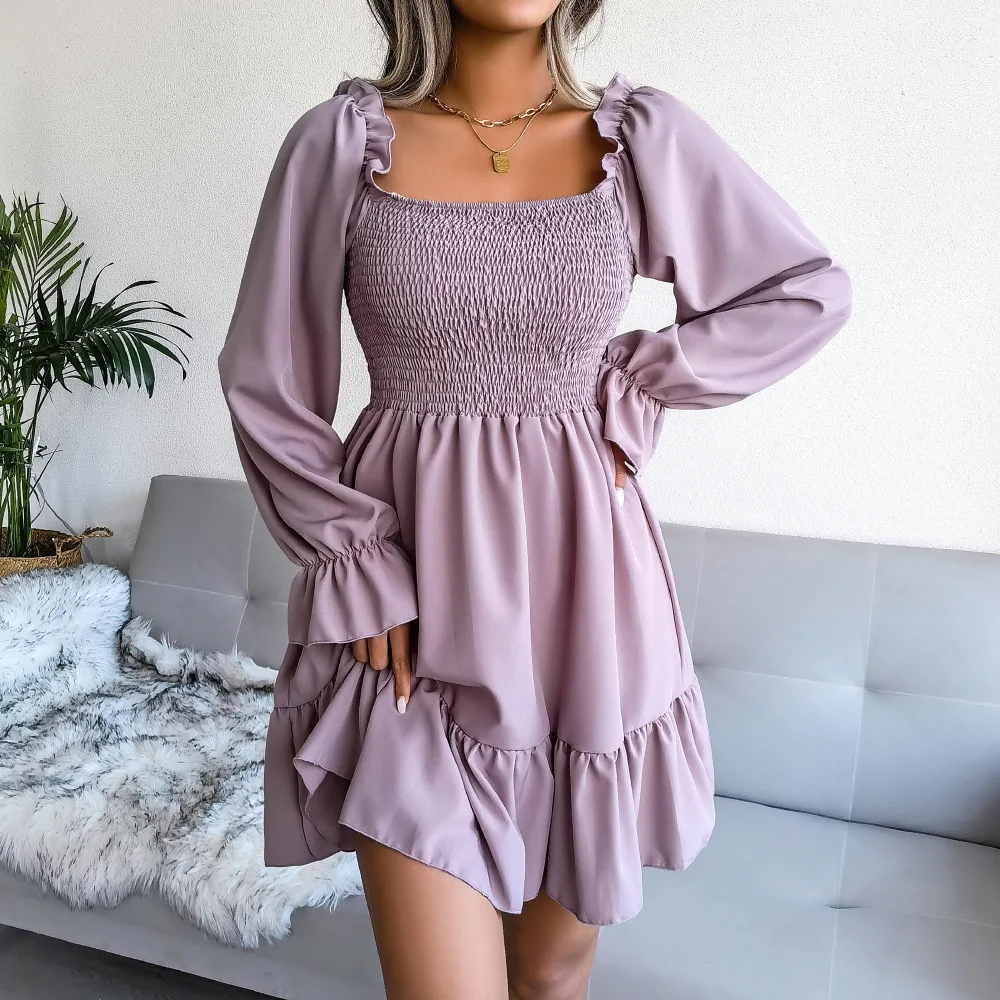Spring Summer Solid Color Dress Square Neck Flared Long Sleeve Ruffled Dresses Red Orange Green Black Woman Clothing