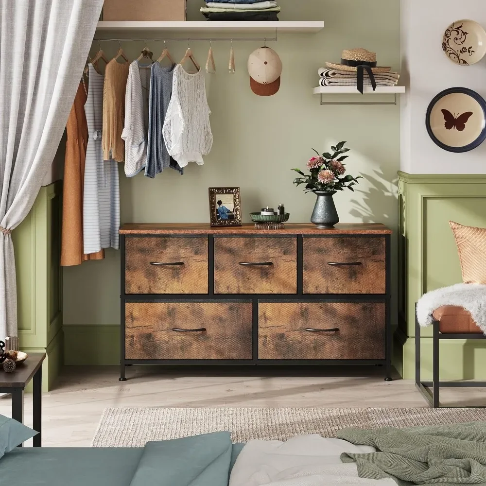 Dresser for Bedroom with 5 Drawers, Wide Chest of Drawers, Fabric Dresser, Storage Organizer Unit with Fabric Bins for Closet