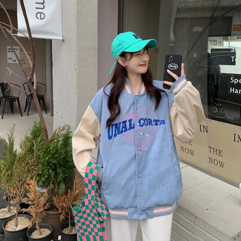 2025 New American Style Baseball Jacket Women Loose BF Lazy Short Coat Slimming Top Casual Loose Fit Color Block Long Sleeve