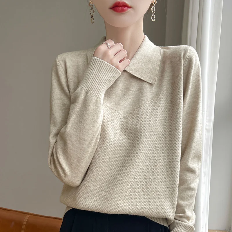 Autumn and winter new 100% pure wool women\'s polo neck solid color long sleeve sweater casual loose knit cashmere sweater.