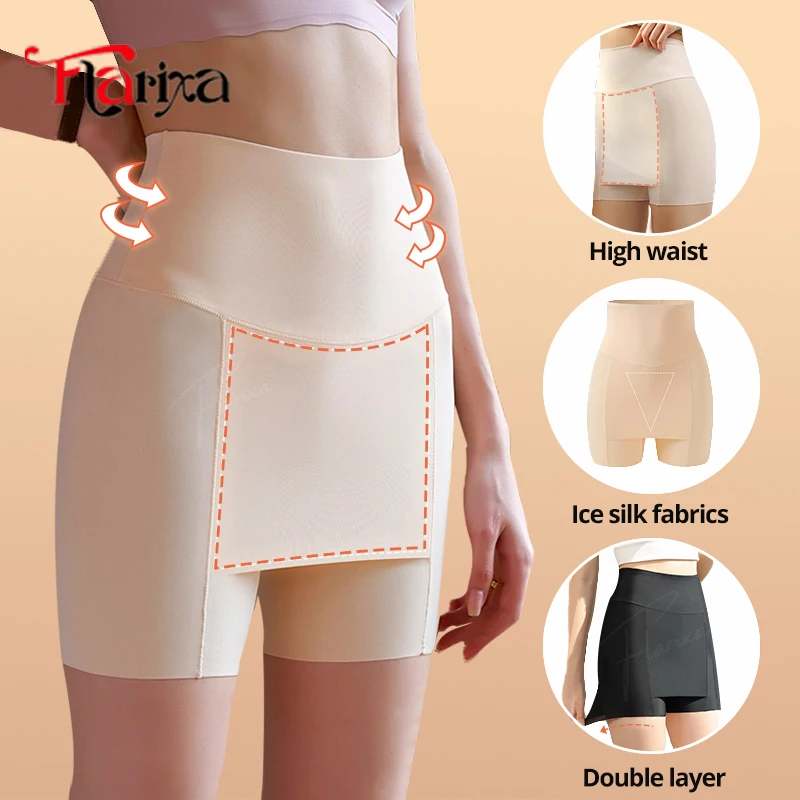 Flarixa Double Layer Safety Shorts With High Waist Ice Silk Protective Panties for Women Under the Skirts Traceless Underwear