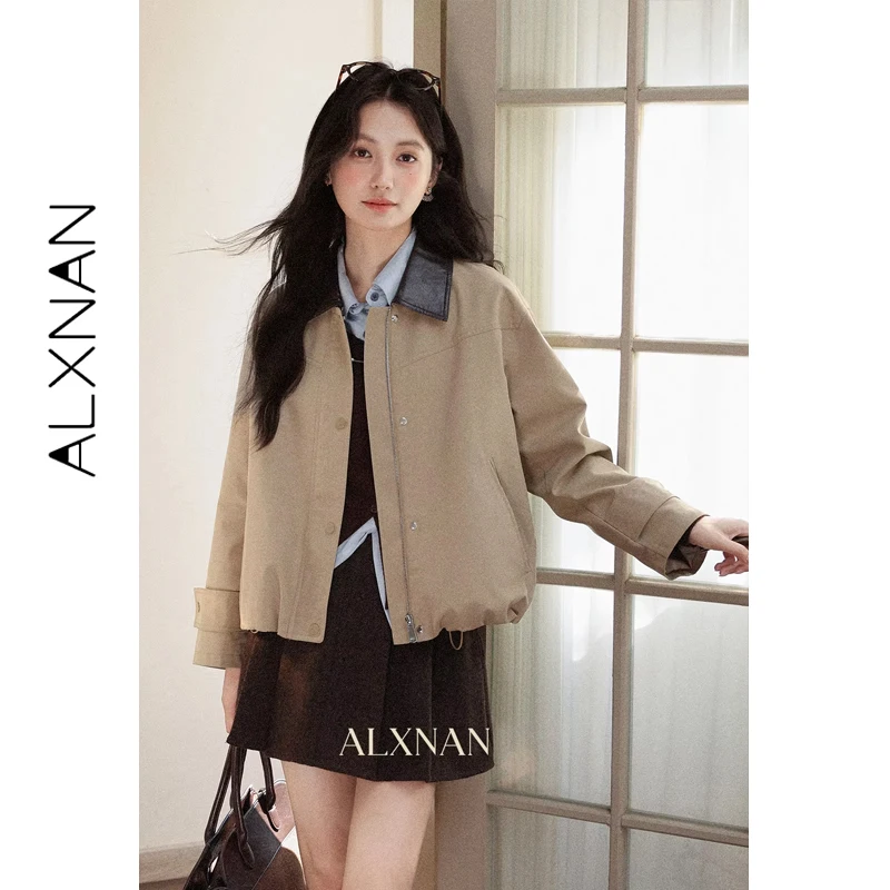 

ALXNAN Vintage Brown Women's Jacket Drop Shoulder Lapel 2025 Autumn Short Coat Loose-fit Casual Long Sleeve Tops Female L57256