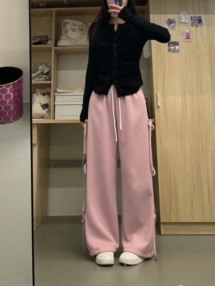 Korean Style Pink Sweatpants Women Spring Vintage Bow Lace-up Straight Wide Leg Pants Fashion Trend Loose Long Pants