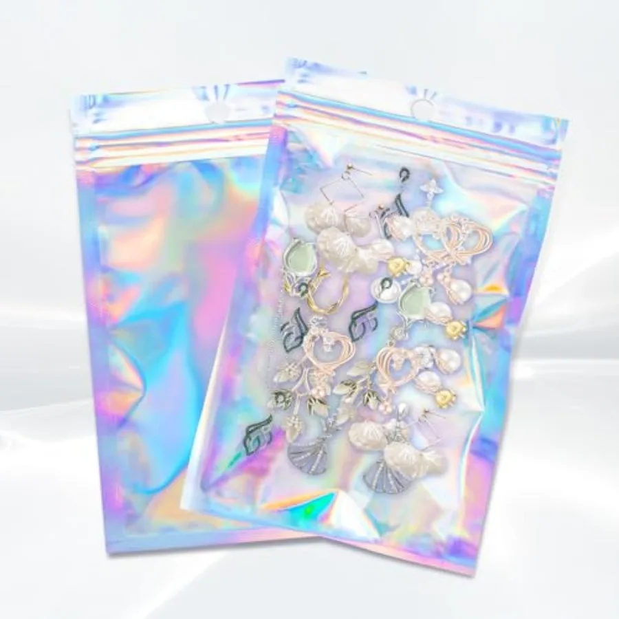 00Pcs Holographic Resealable Bags, 4x6 inch Packaging Foil Pouch Mylar Food Storage Bag Great for Small Business and Par