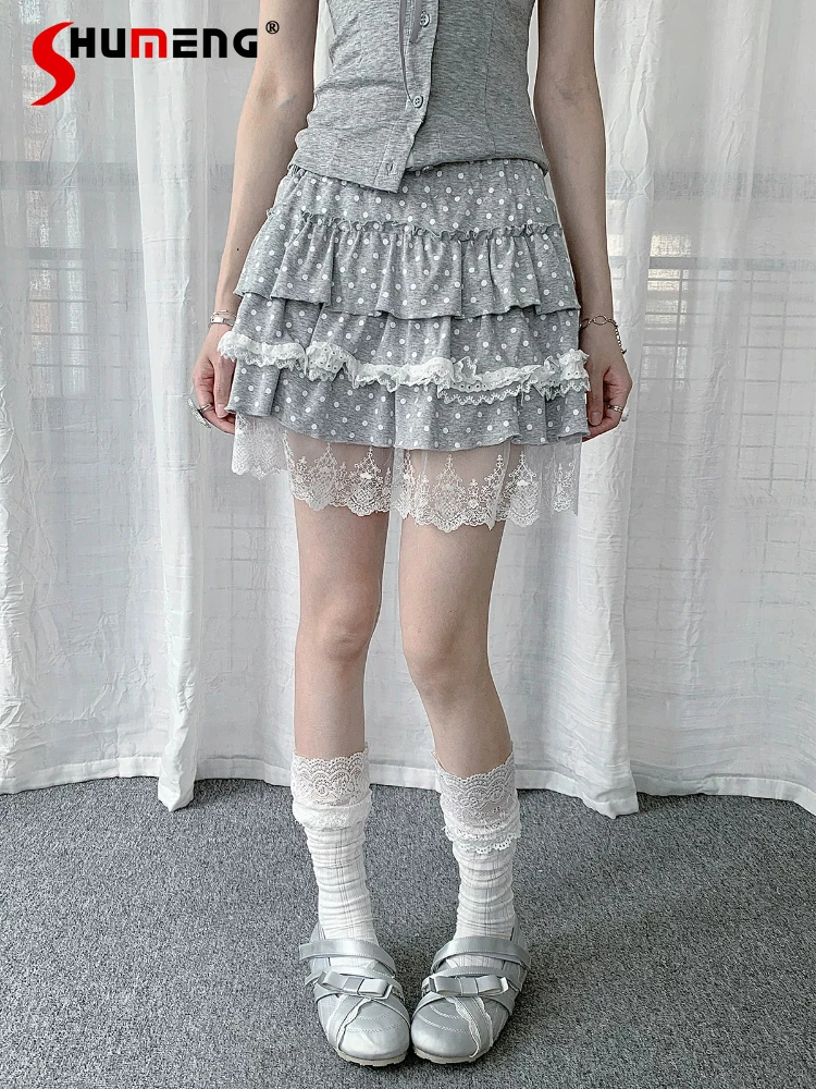 

Original Japanese Style Sweet Girls Lace Splicing Cake Skirt Women's Subculture Polka Dot Print Y2K Short Skirt Casual Skirts